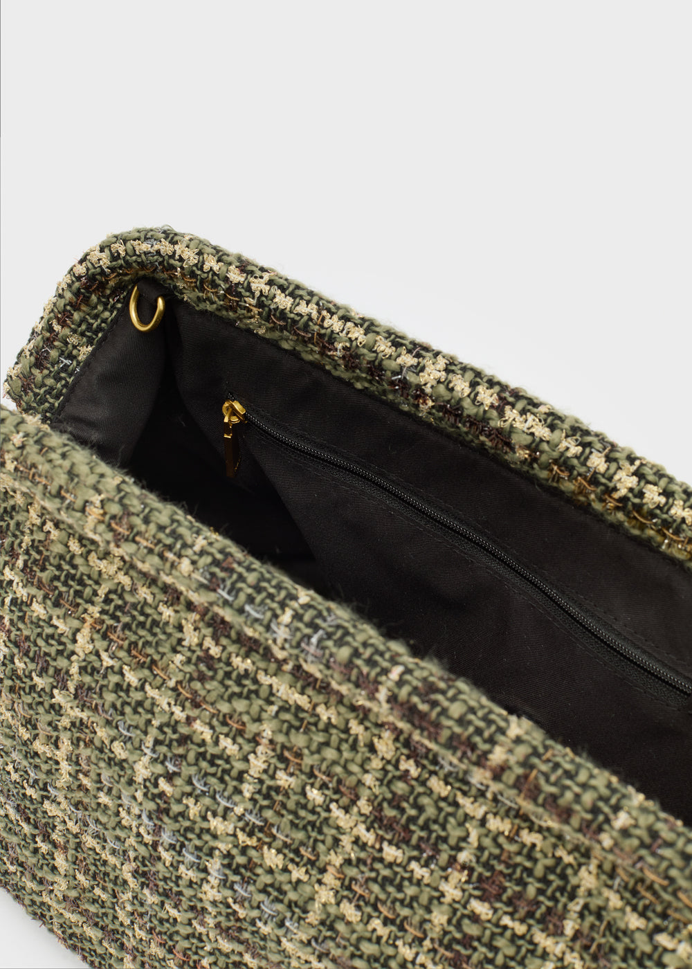 Nalì pochette estrella bouclè verde in tessuto tweed verde oliva e beige con chiusura zip in metallo dorato
