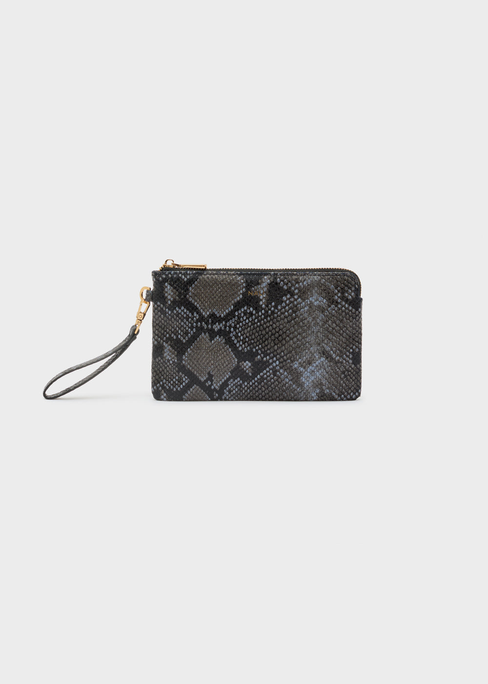 Nalì portafogli pouch melanie blu wristlet nero effetto pelle di serpente con zip oro e tracolla abbinata