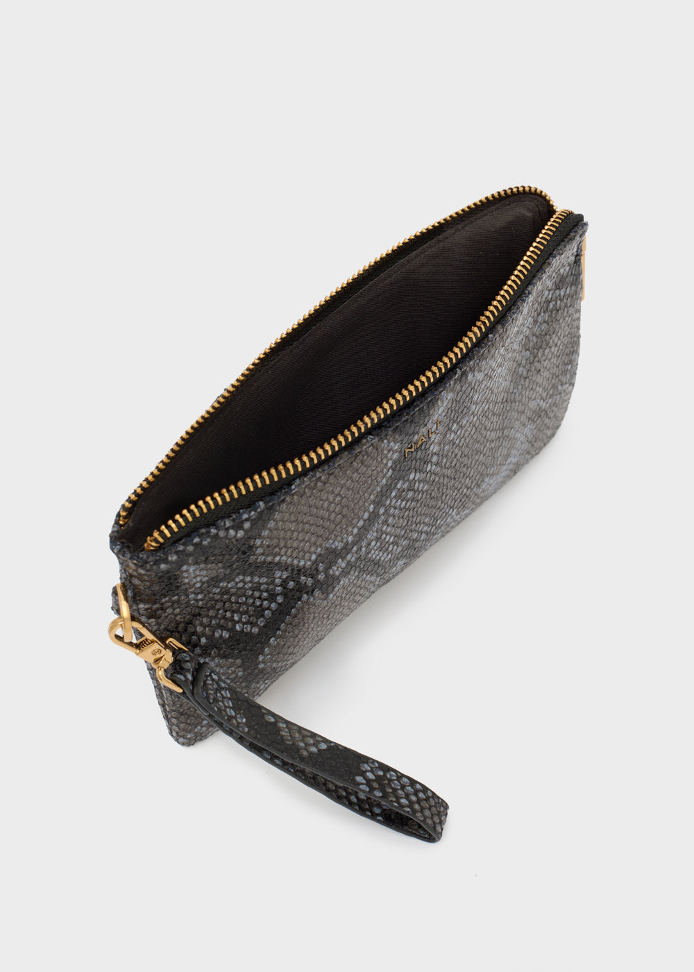 Nalì portafogli pouch melanie blu grigio stampa serpente con zip e cinturino in metallo dorato