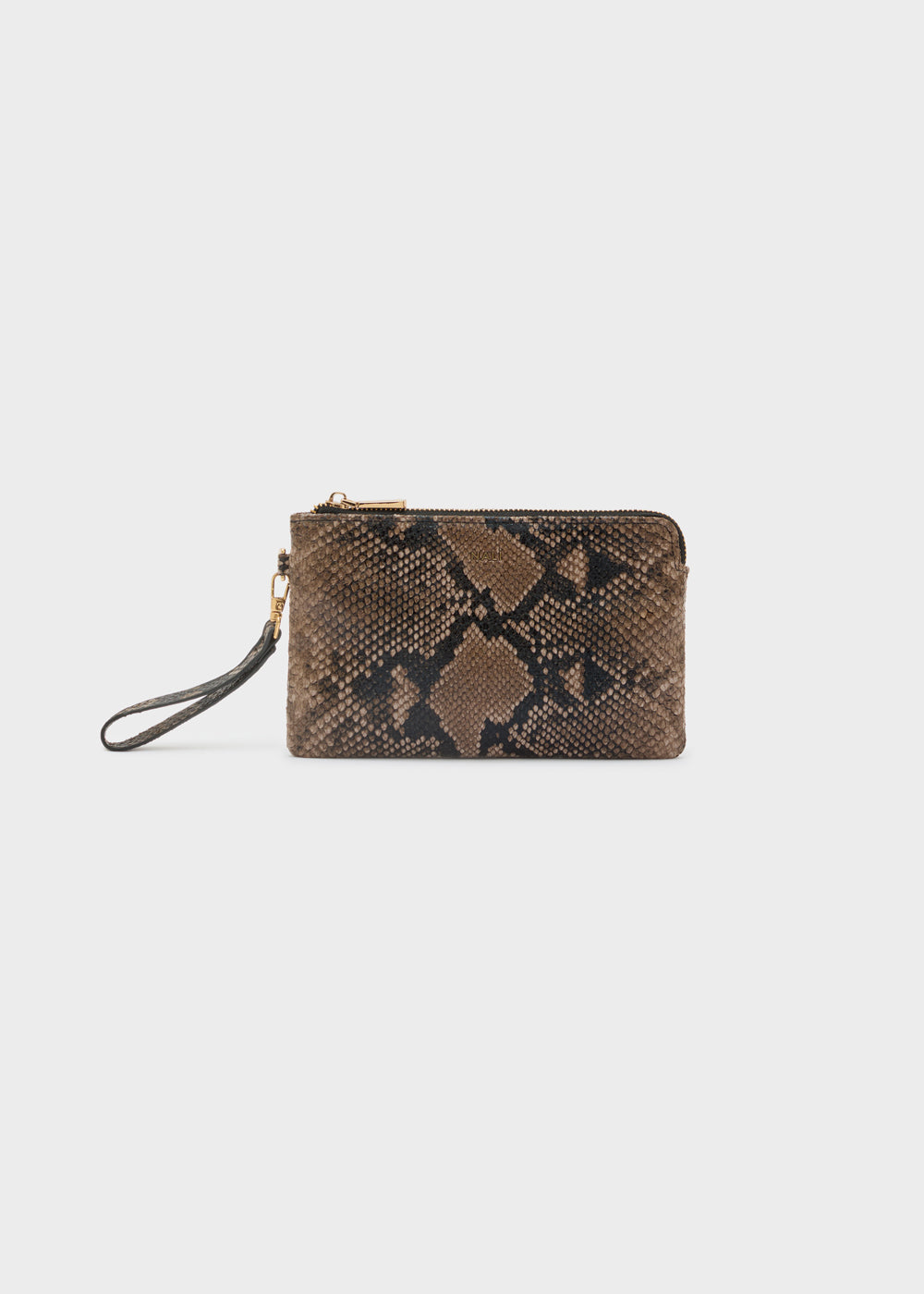 Nalì portafogli pouch melanie marrone in stampa serpente marrone con zip dorata e cinturino in tessuto nero