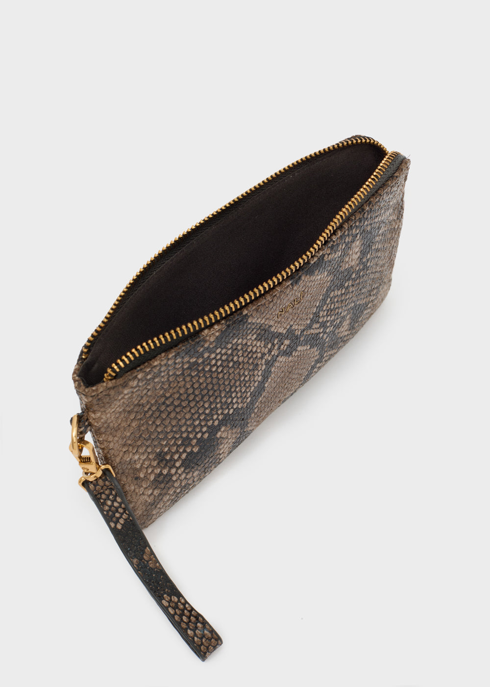 Clutch nalì portafogli pouch melanie marrone in pelle effetto pitone taupe e marrone con zip oro e cinturino polso