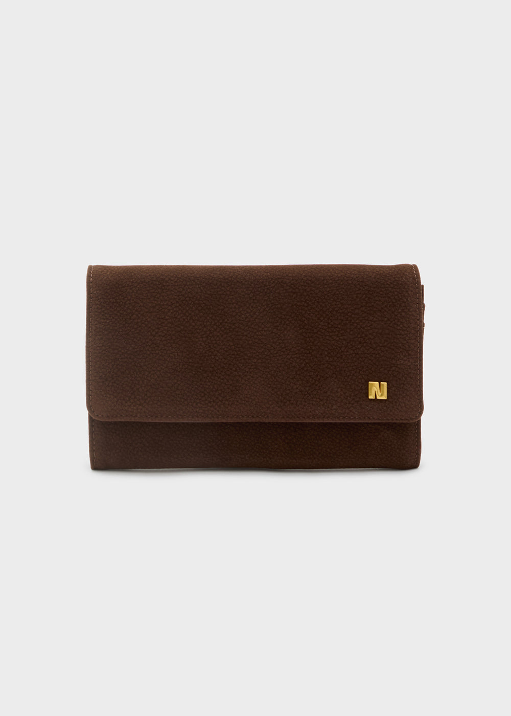 Brown suede wallet with gold-tone n logo front for nalì portafogli montana testa moro collection