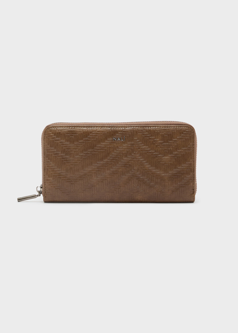 Portafogli Nalì Teda zip over marrone in pelle con motivo a chevron e cerniera argento