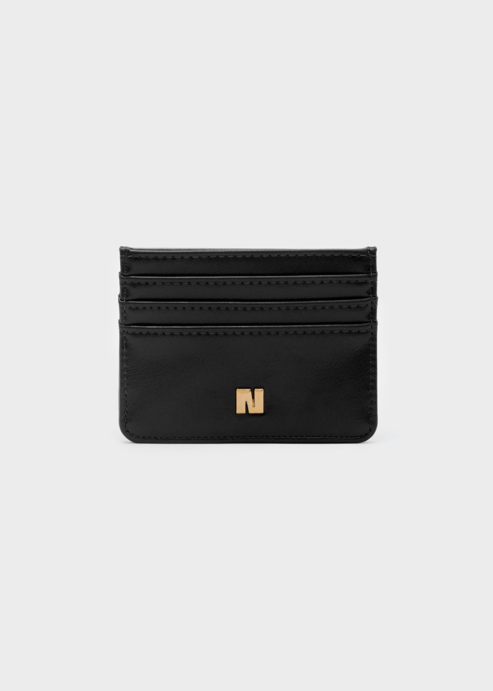 Portacarte nalì billy nero in pelle nera con logo n dorato in metallo per tessere e carte di credito