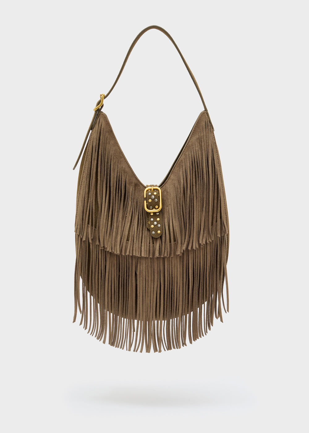 Brown suede borsa a spalla con frange e fibbia borchiata color oro modello nalì a spalla montana verde