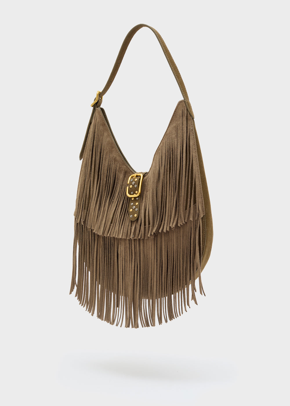 Nalì a spalla montana verde borsa hobo taupe in suede con frange fibbia oro e tracolla abbinata