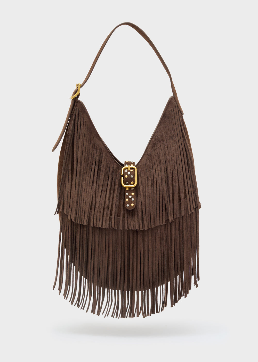 Borsa hobo in suede marrone con frange e fibbia dorata nalì a spalla montana marrone