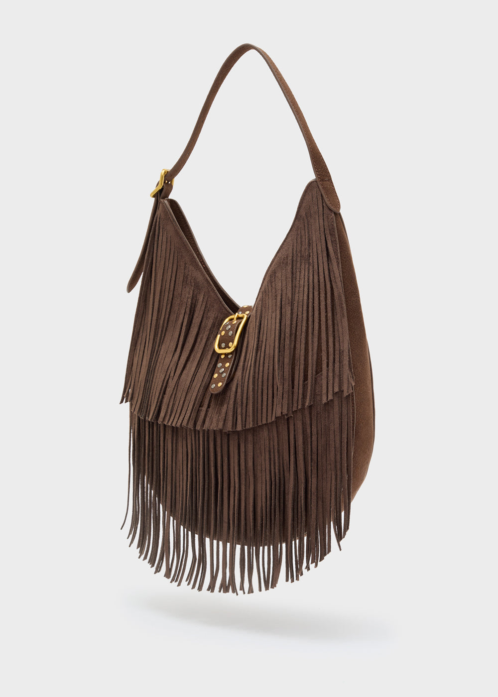 Brown suede hobo bag with fringe gold-tone buckle and strap from nalì a spalla montana marrone collection