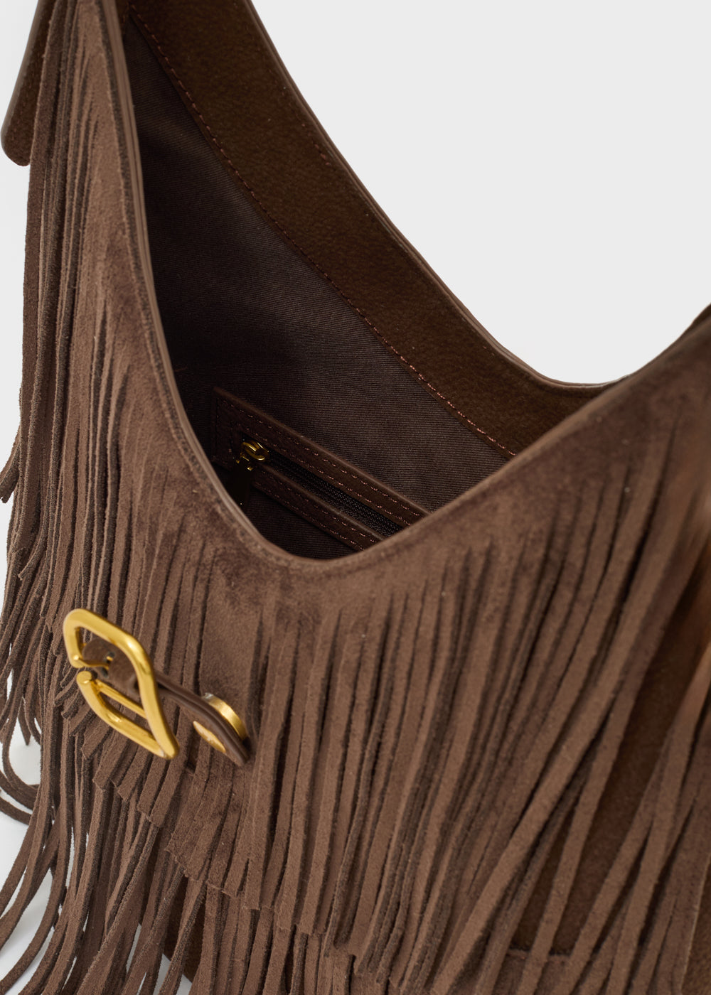Nalì a spalla montana marrone borsa a tracolla in suede con frange e fibbia dorata