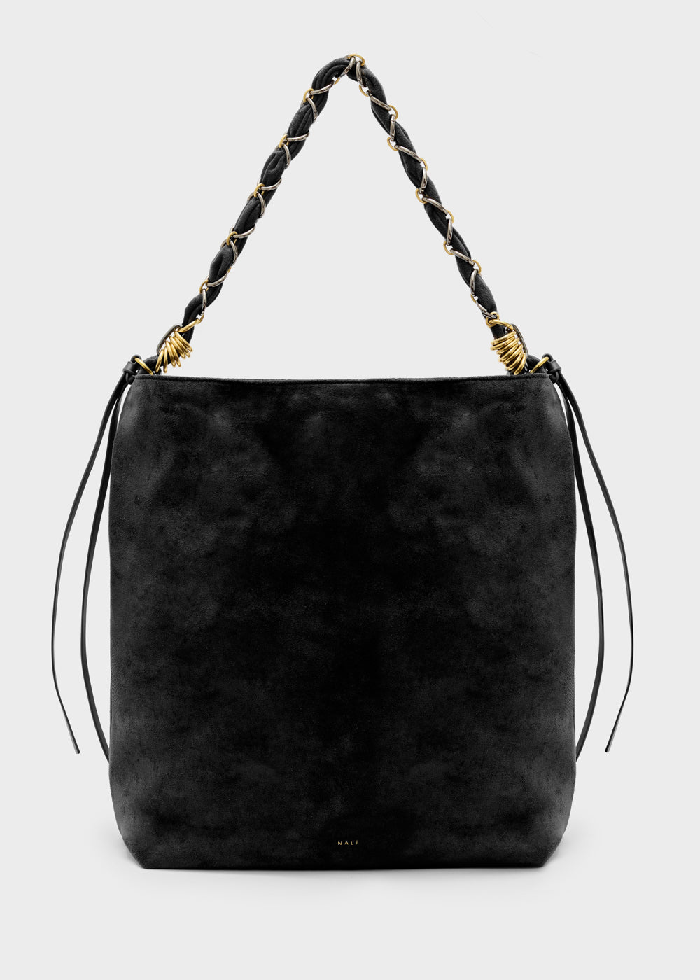 Nerò nalì a spalla sierra borsa a secchiello in suede nero con manici intrecciati in pelle e dettagli dorati