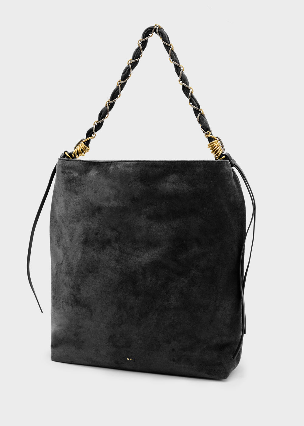 Nero borsa a secchiello in suede con manico intrecciato in pelle e dettagli in metallo dorato nalì a spalla sierra nero