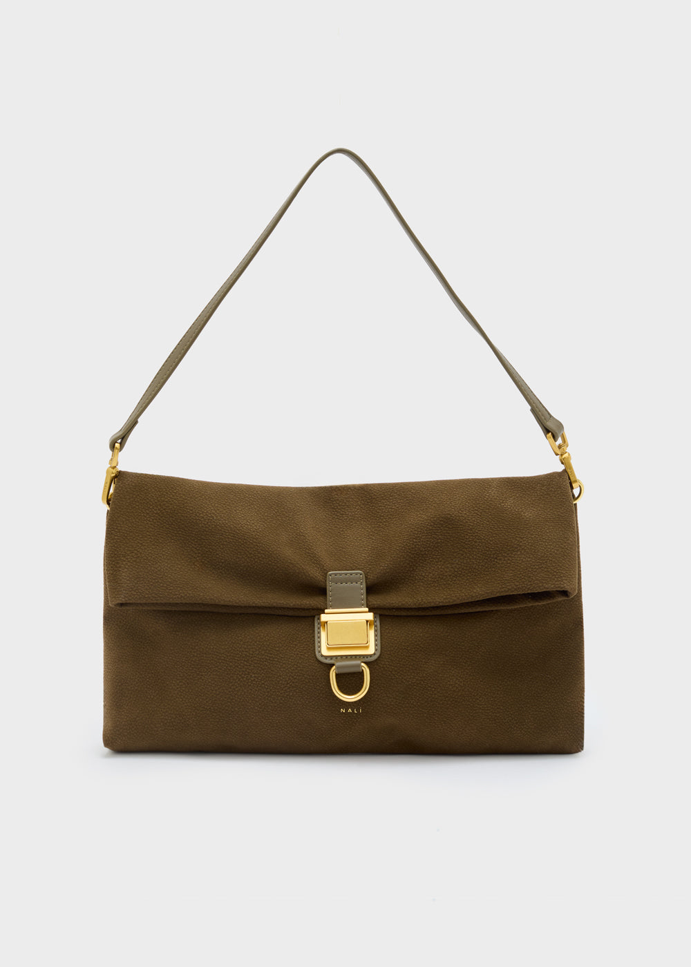 Borsa a spalla nalì allegra verde in camoscio verde oliva con chiusura metallica dorata e tracolla coordinata