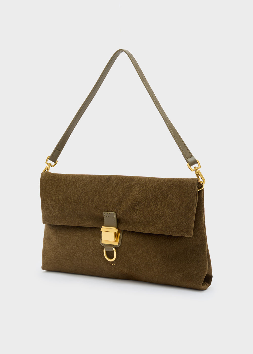 Borsa a spalla nalì allegra verde in suede verde oliva con chiusura e tracolla in metallo dorato