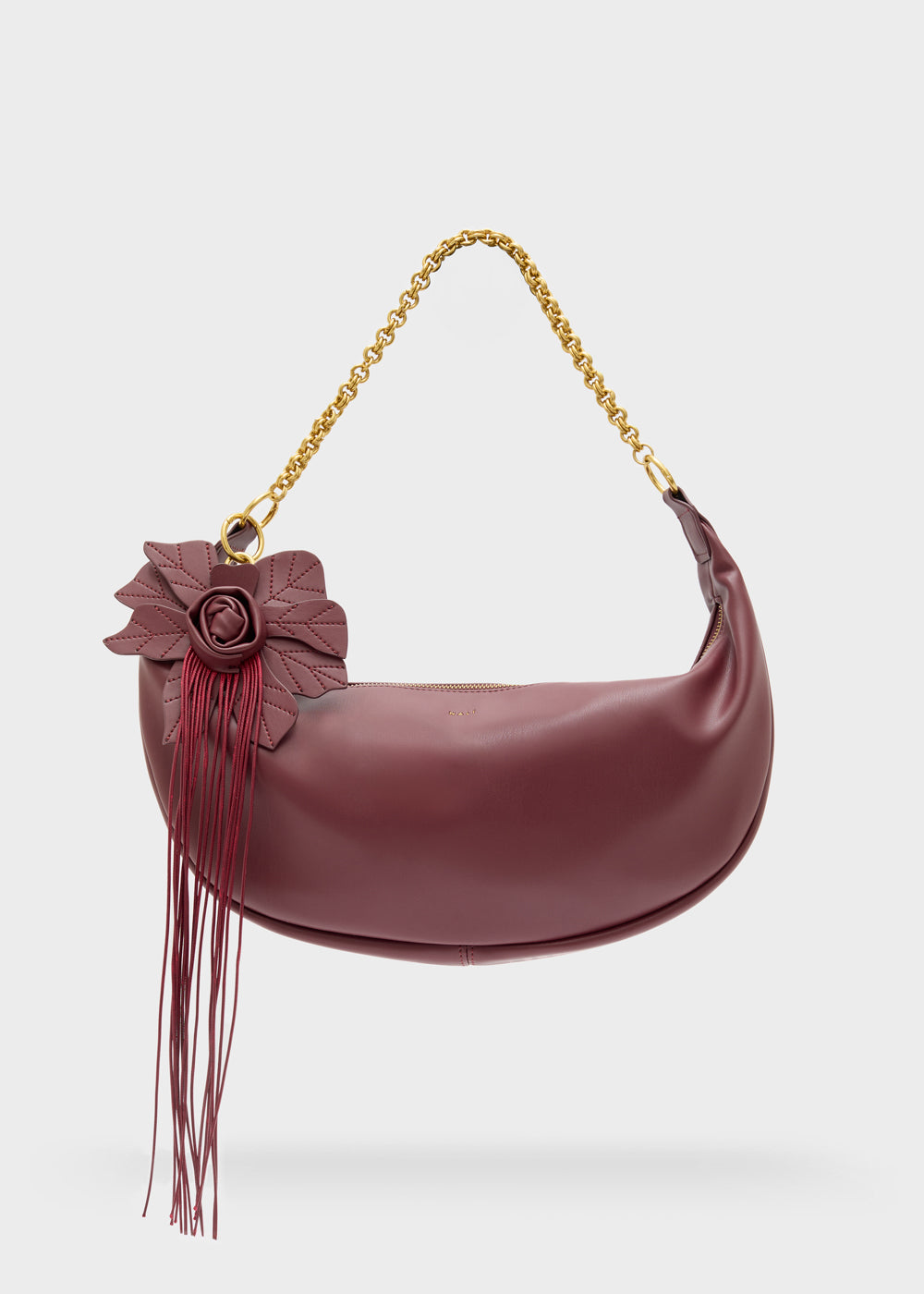 Nalì a spalla hailey viola è una borsa a mezzaluna in pelle marrone con catena oro e applicazione floreale con frange