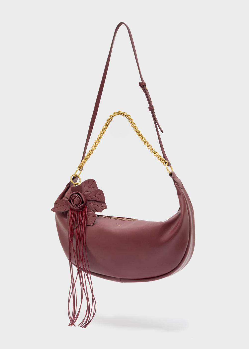 Nalì a spalla hailey viola borsa a tracolla in pelle bordeaux con catena oro e decorazione a rosa con frange