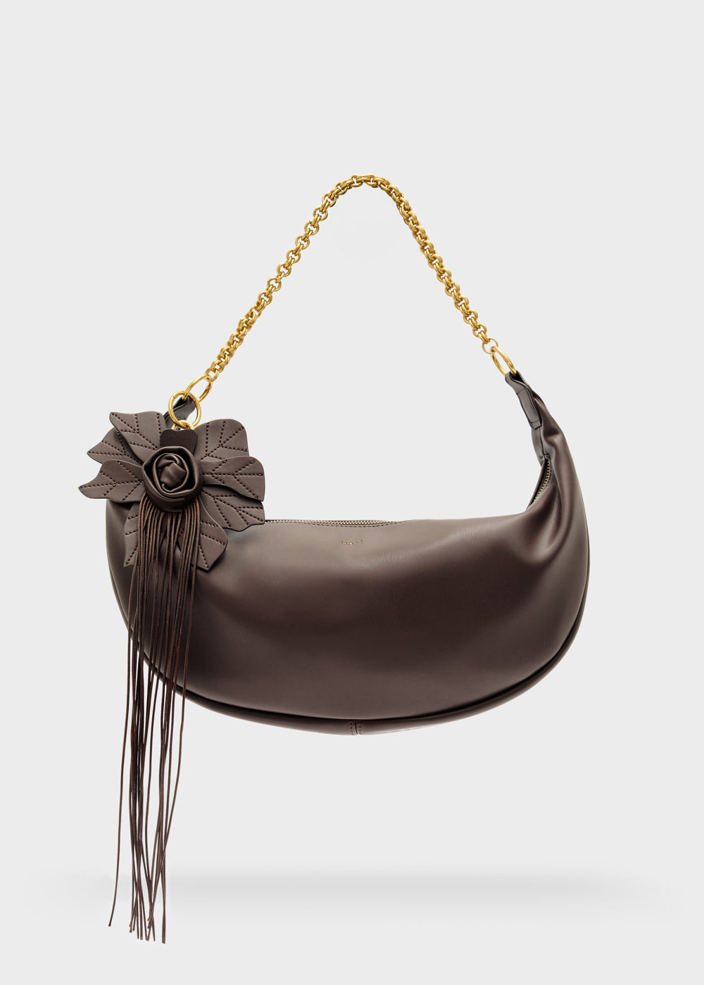 Nalì a spalla hailey grigio handbag in pelle marrone a mezzaluna con catena oro e decorazione floreale con frange