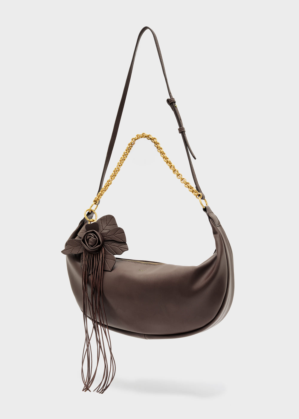 Brown leather shoulder bag nalì a spalla hailey grigio with gold chain strap and decorative rose embellishment