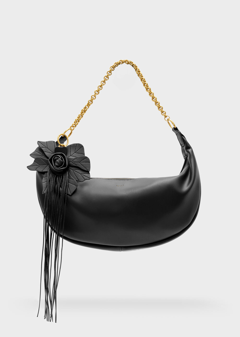 Black leather crescent-shaped handbag nalì a spalla hailey nero with gold chain strap and black floral fringed detailing