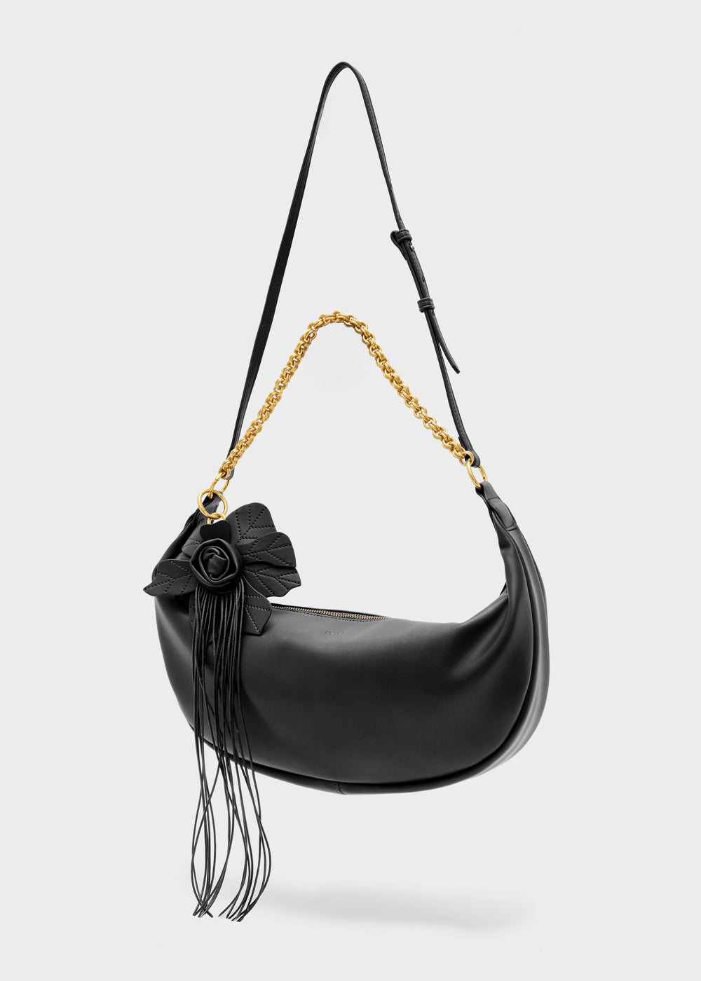 Nalì a spalla hailey nero borsa a tracolla a mezzaluna in pelle nera con catena dorata e rosa in tessuto nero