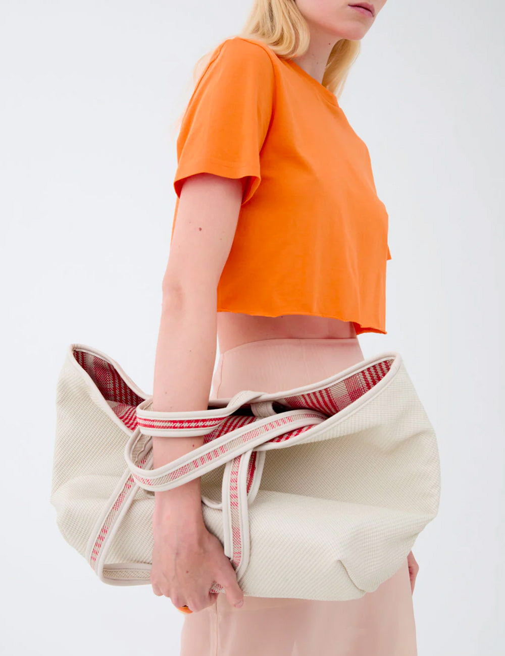 Borsa tote Nalì A Spalla Kasia Double Rossa in canvas beige con manici righe rosse bianche