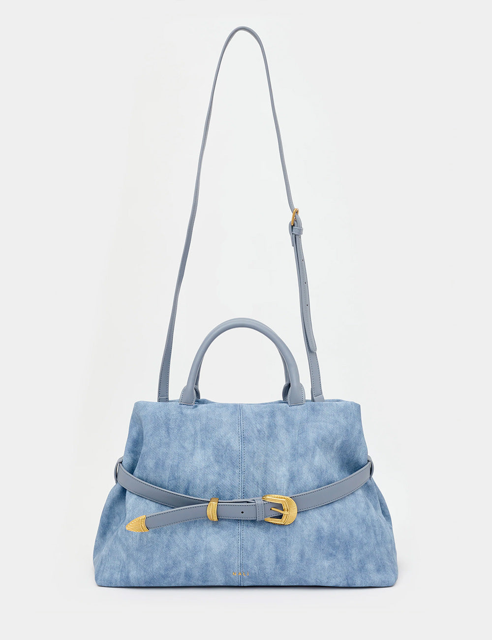Borsa Nalì A Mano Melissa Blu in suede azzurro chiaro con tracolla a cintura e hardware oro