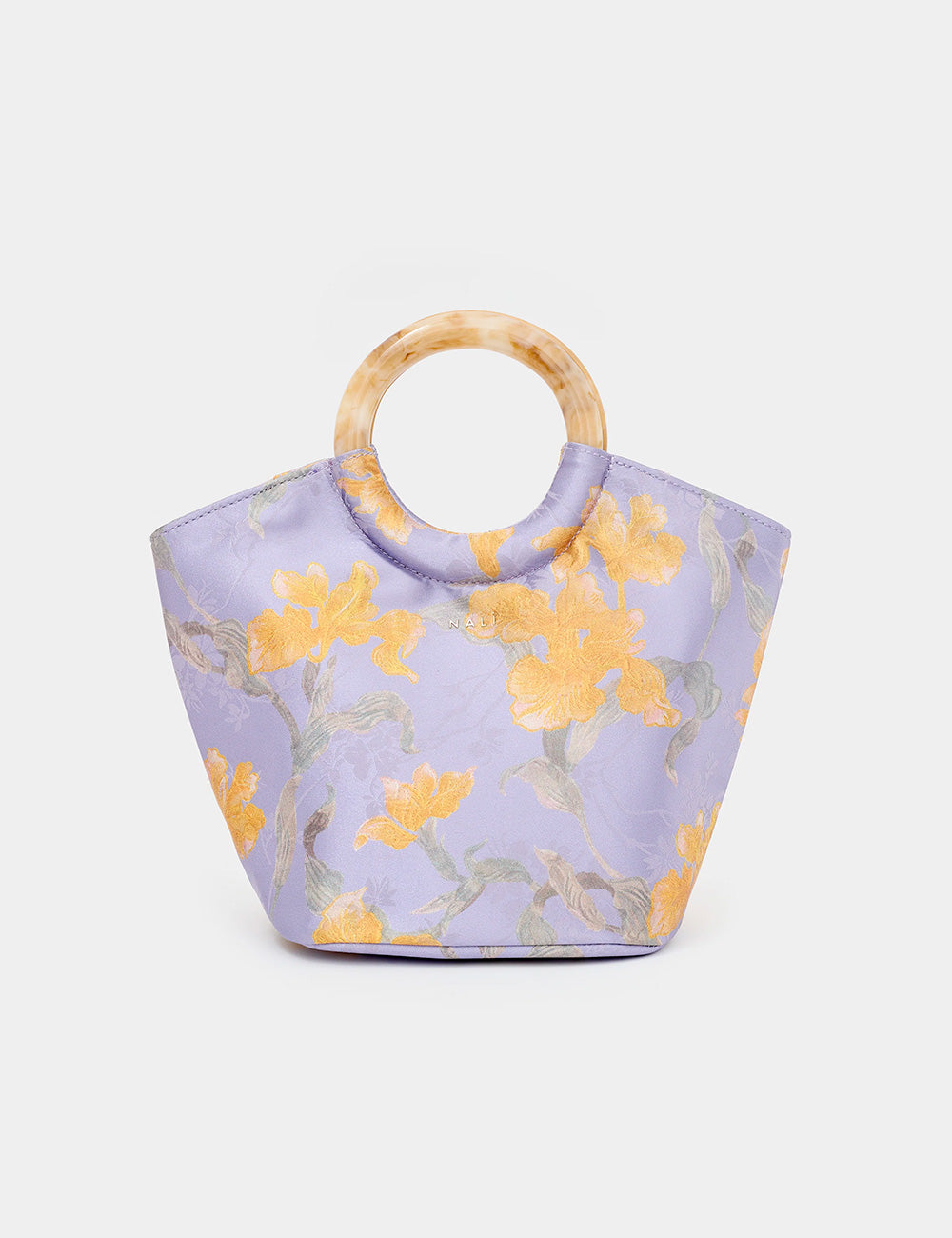 Borsa Nalì A Mano Madrid Viola in lavanda con fiori gialli e manico circolare traslucido
