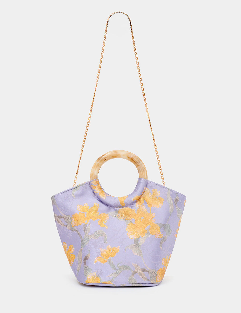 Borsa Nalì A Mano Madrid Viola in lavanda con fiori gialli e manico in legno