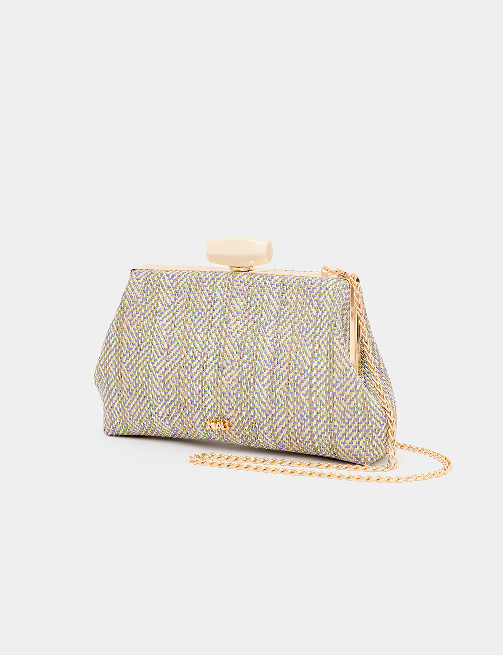 Clutch Nalì Julia Viola in argento oro herringbone con chiusura crema e catena oro