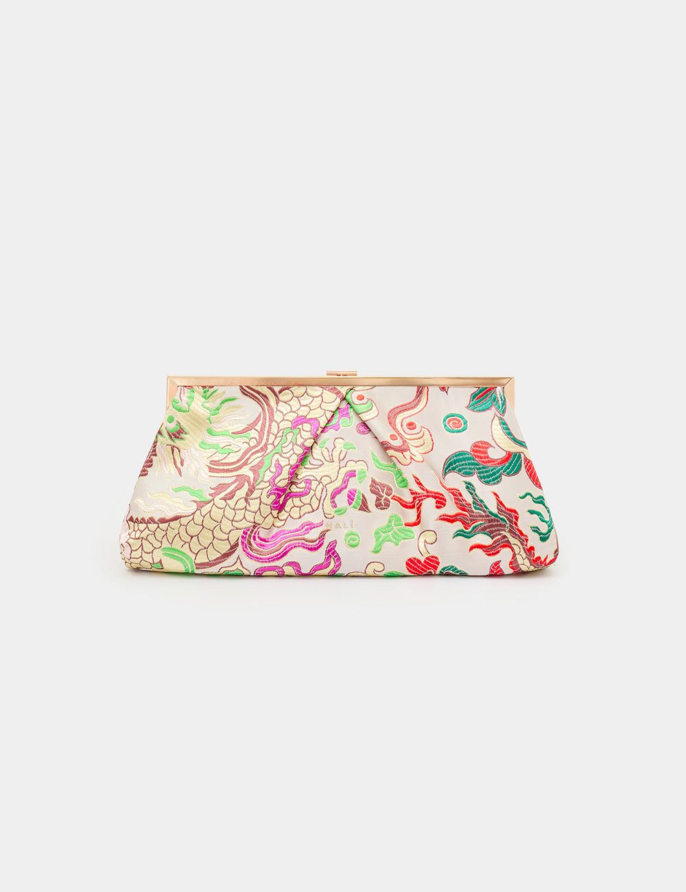 Pochette Nalì Ibiza Bianca con dragone e fiori ricamati rosa verde oro