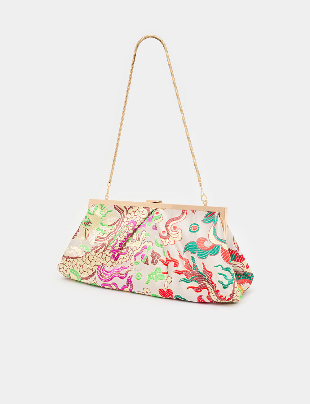 Pochette Nalì Ibiza Bianca, clutch ricamata vibrante con telaio metallico e catena