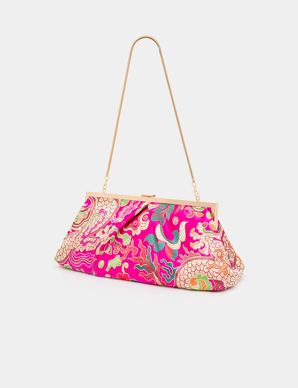 Pochette Nalì Ibiza Fucsia con trama paisley e drago oro, teal e verde