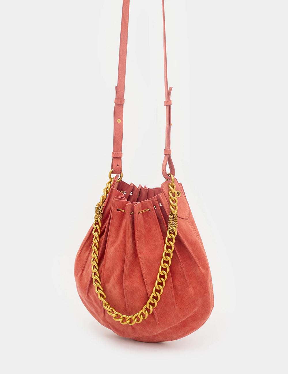 Borsa a secchiello Nalì A Spalla Evissa Ruggine in suede corallo con catenella dorata