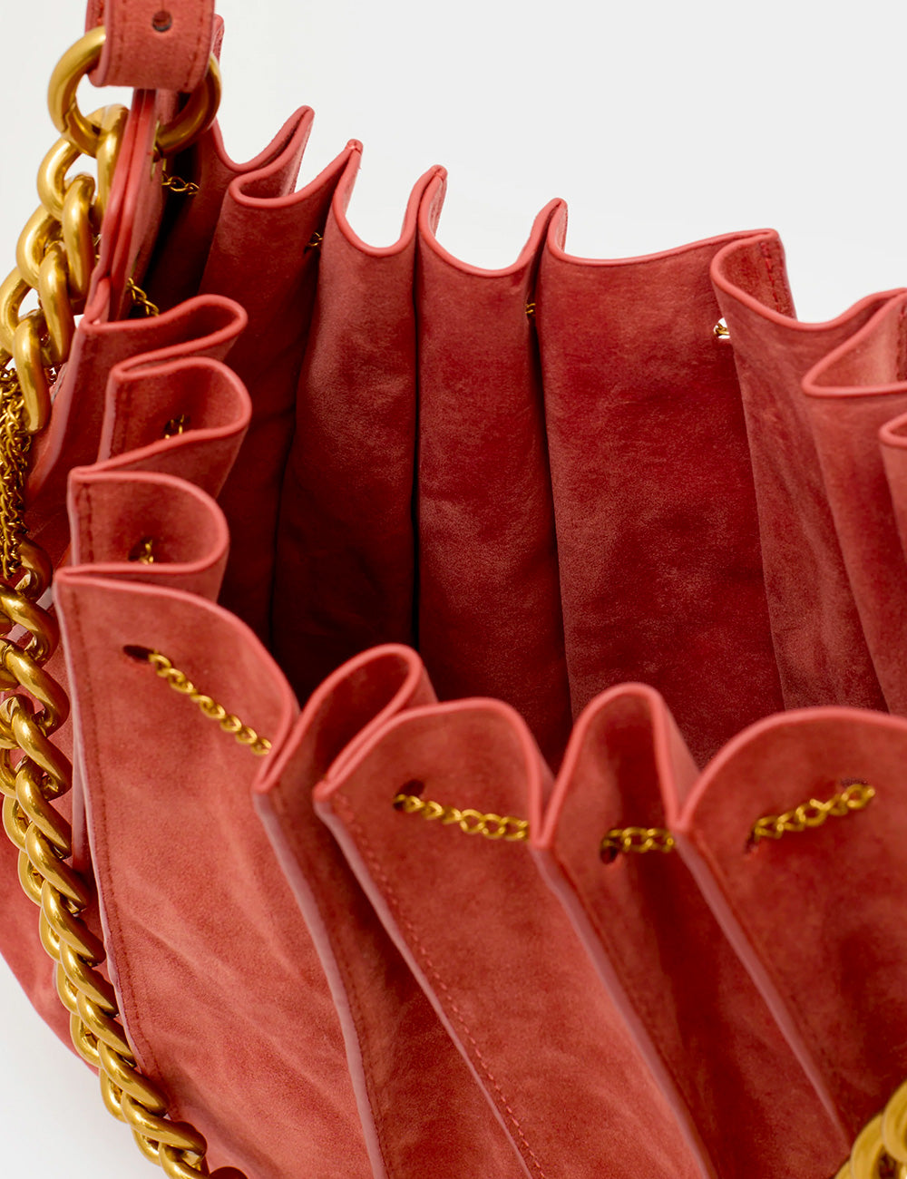 Borsa a secchiello Nalì A Spalla Evissa Ruggine in suede corallo con catena oro