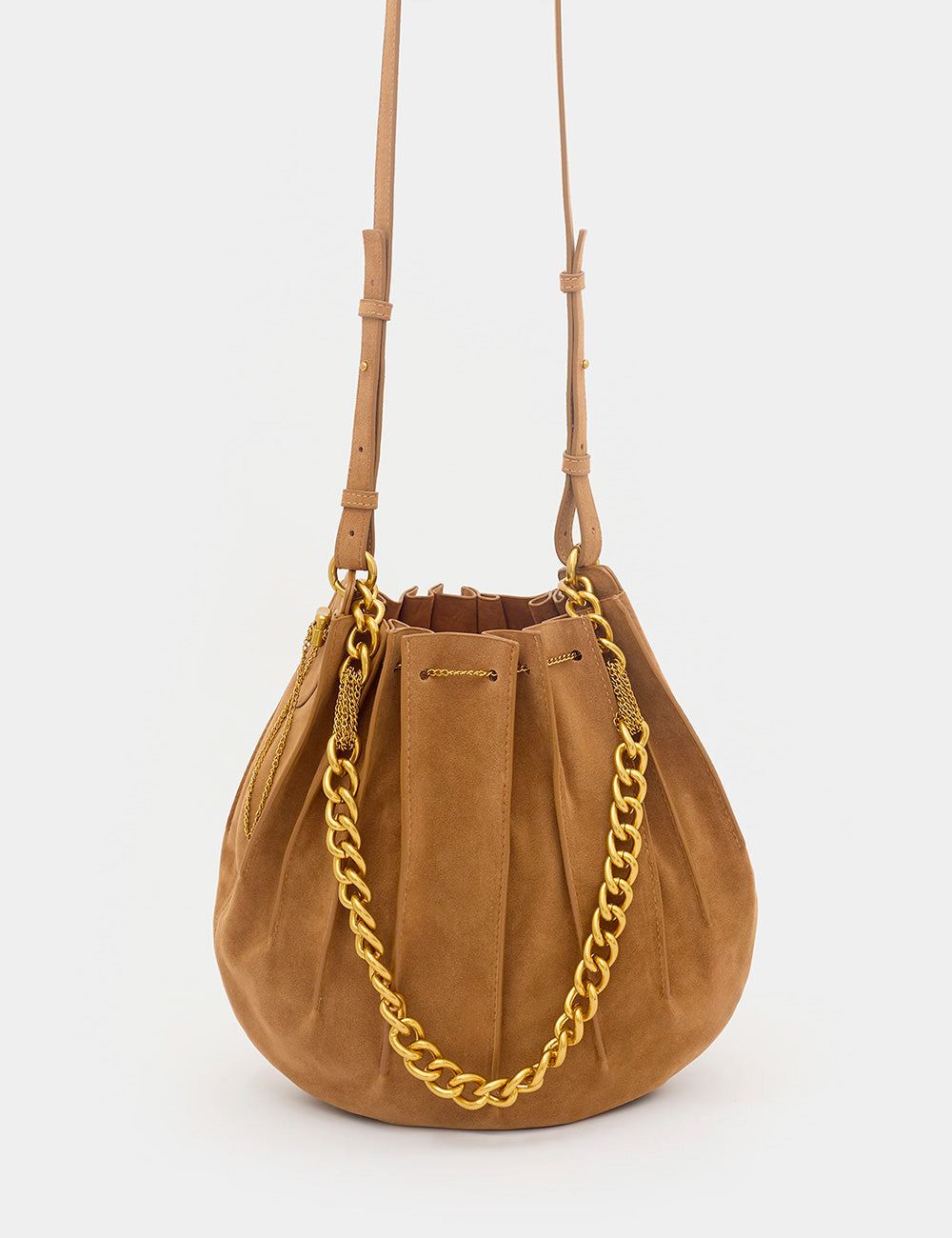 Borsa a secchiello Nalì A Spalla Evissa Marrone in suede tan con catena dorata