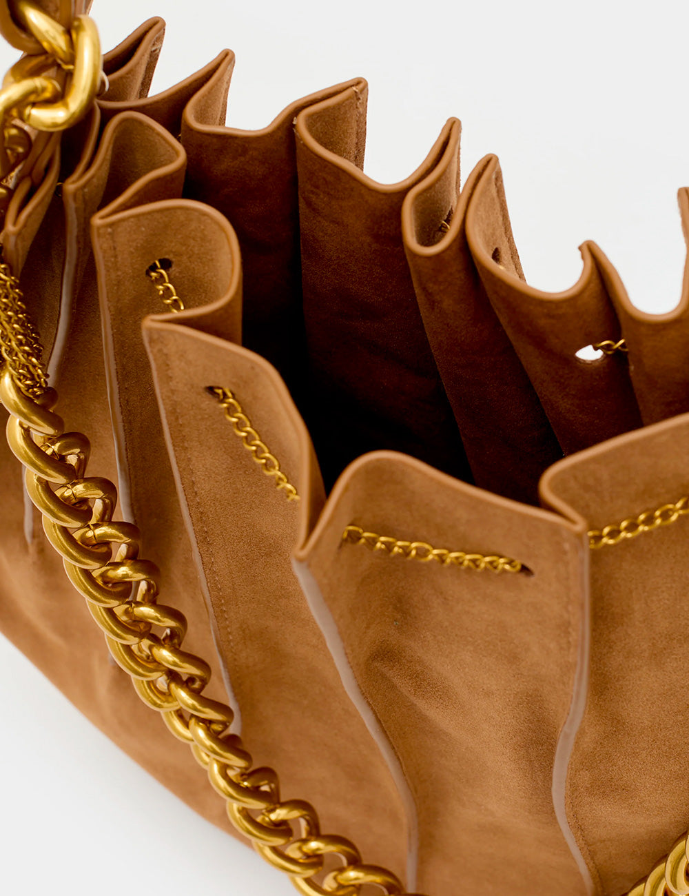 Borsa a secchiello Nalì A Spalla Evissa Marrone in suede tan con catena dorata
