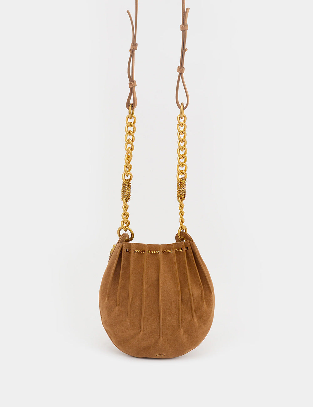 Borsa a secchiello Nalì A Spalla Evissa Small Marrone in suede tan con catena e tracolle in pelle