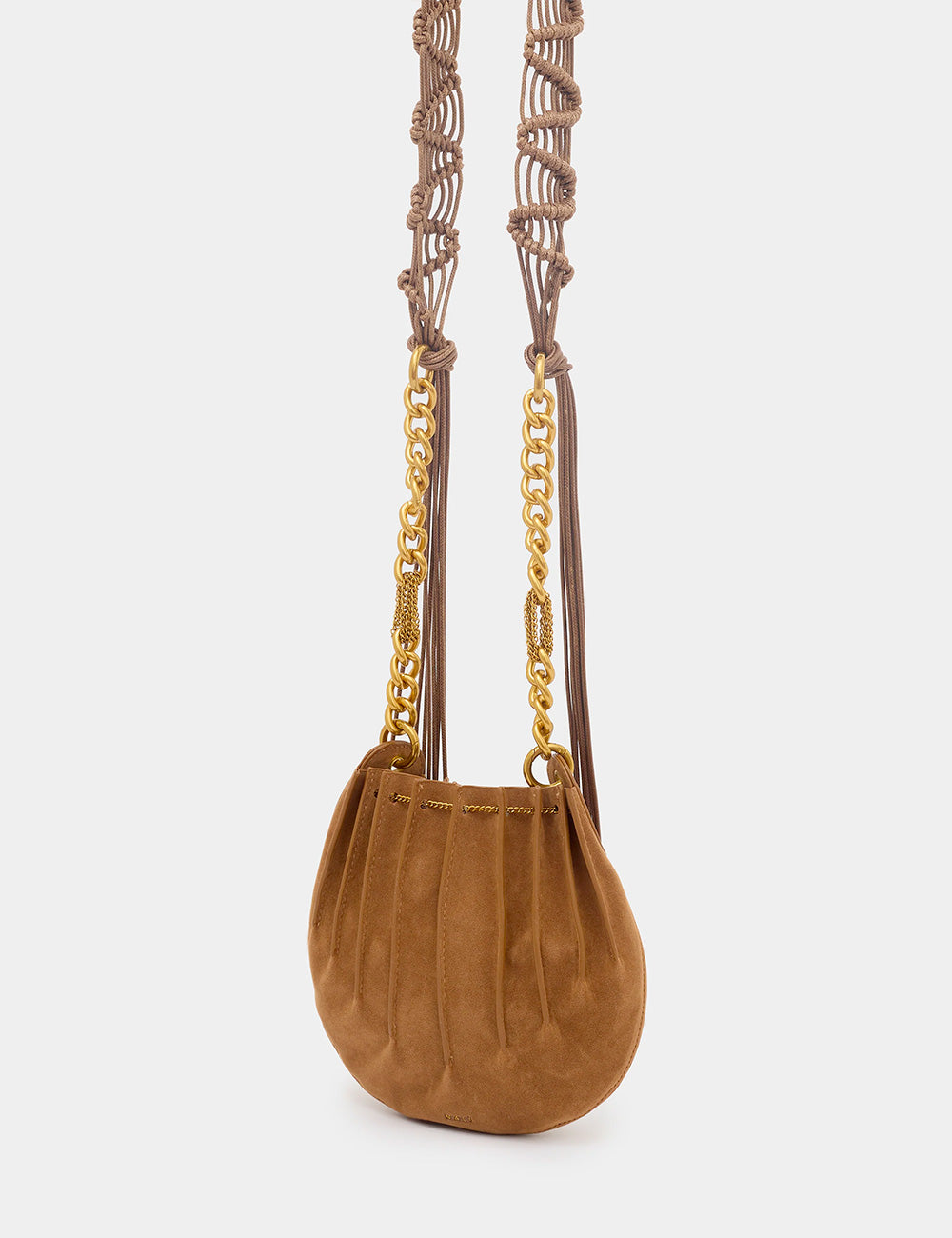 Borsa a secchiello Nalì A Spalla Evissa Small Marrone in suede tan con tracolla macramè e catena oro