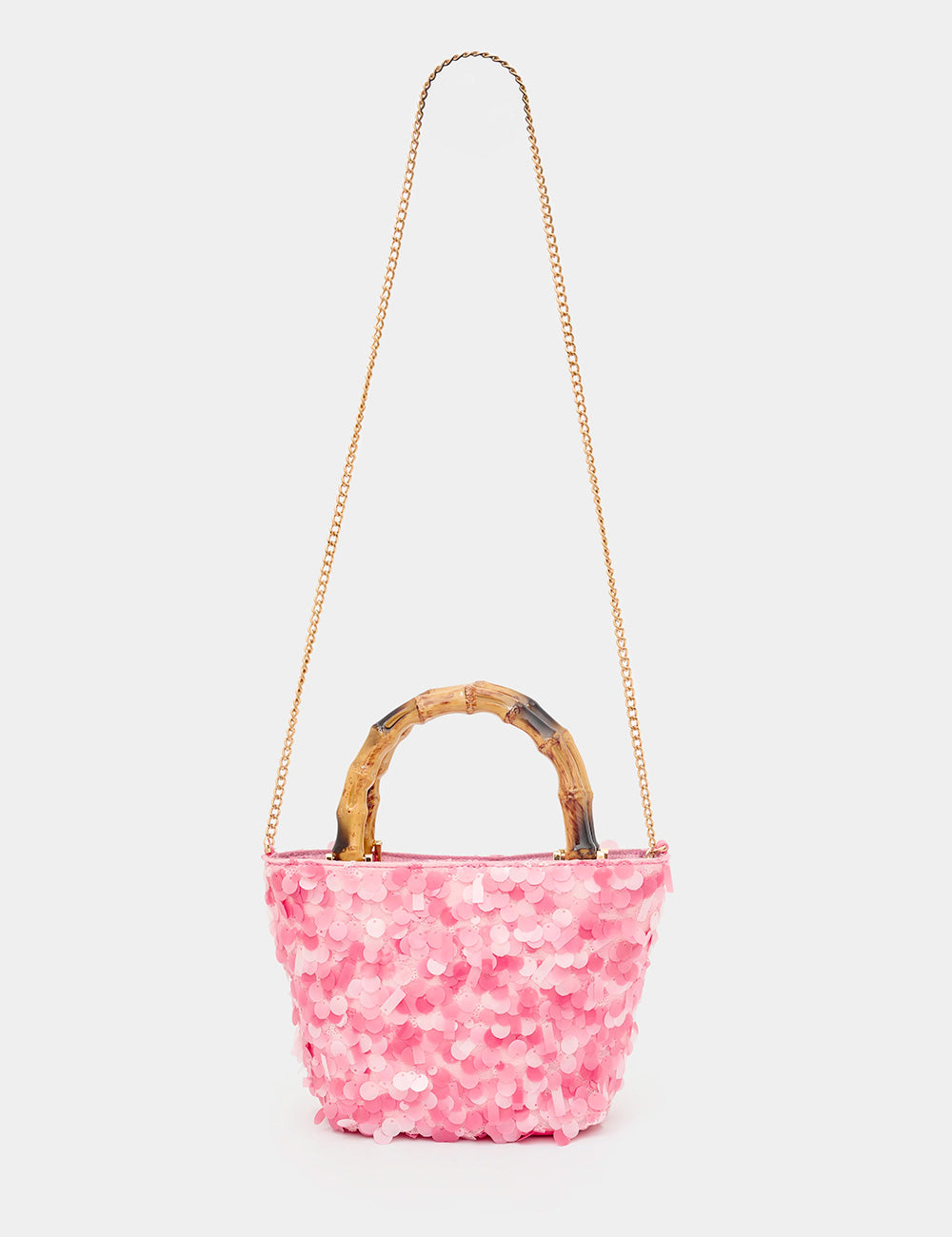 Borsa secchiello Nalì A Mano Nizza Rosa rosa con paillettes, manico bambù e tracolla catena oro