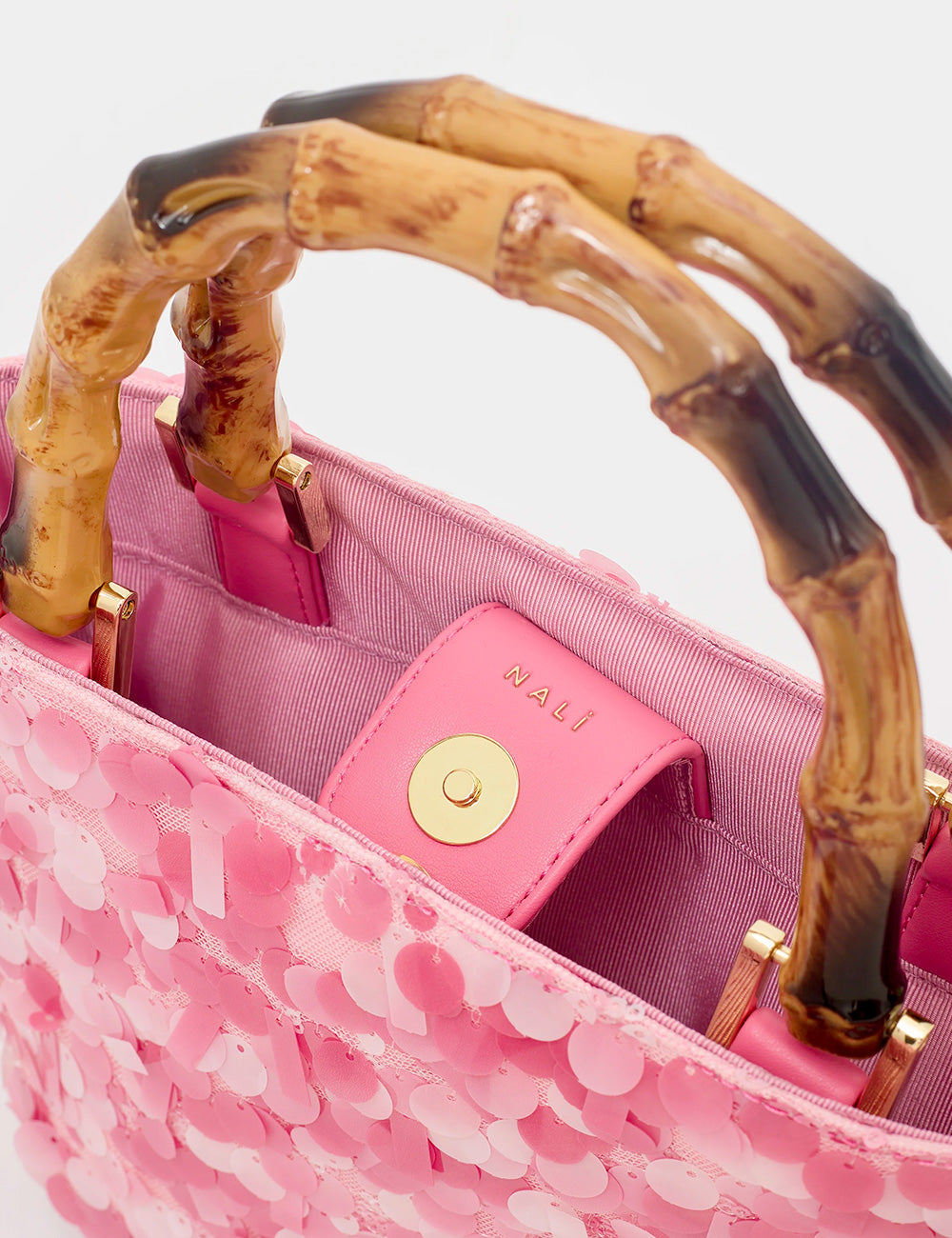 Borsa Nalì A Mano Nizza Rosa rosa con paillettes, manici in bambù e hardware dorato