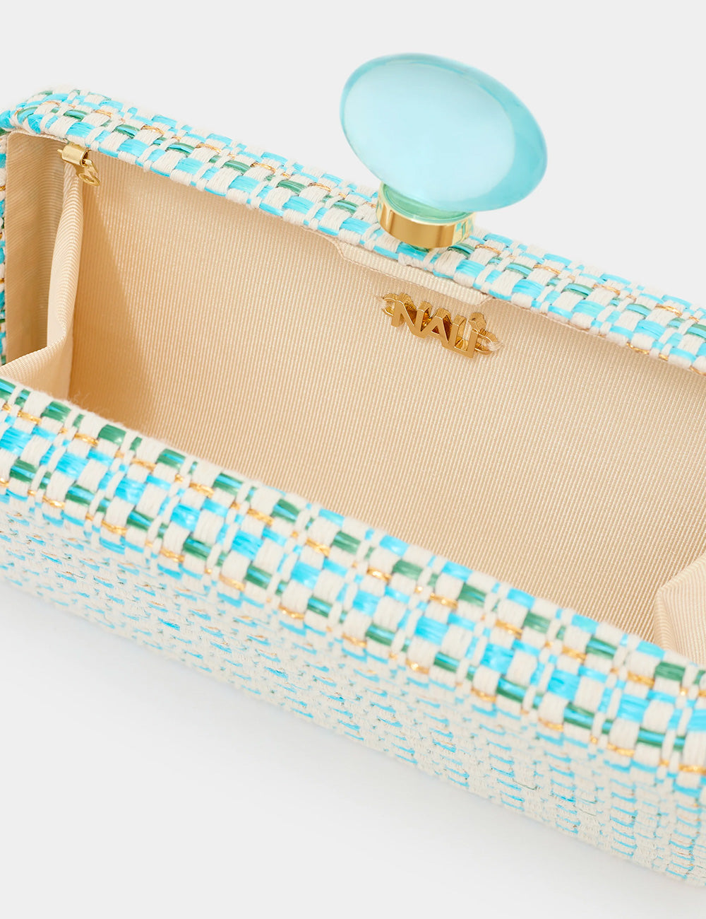 Clutch Nalì Alba Celeste in turquoise e bianco con chiusura dorata e pomello in vetro blu