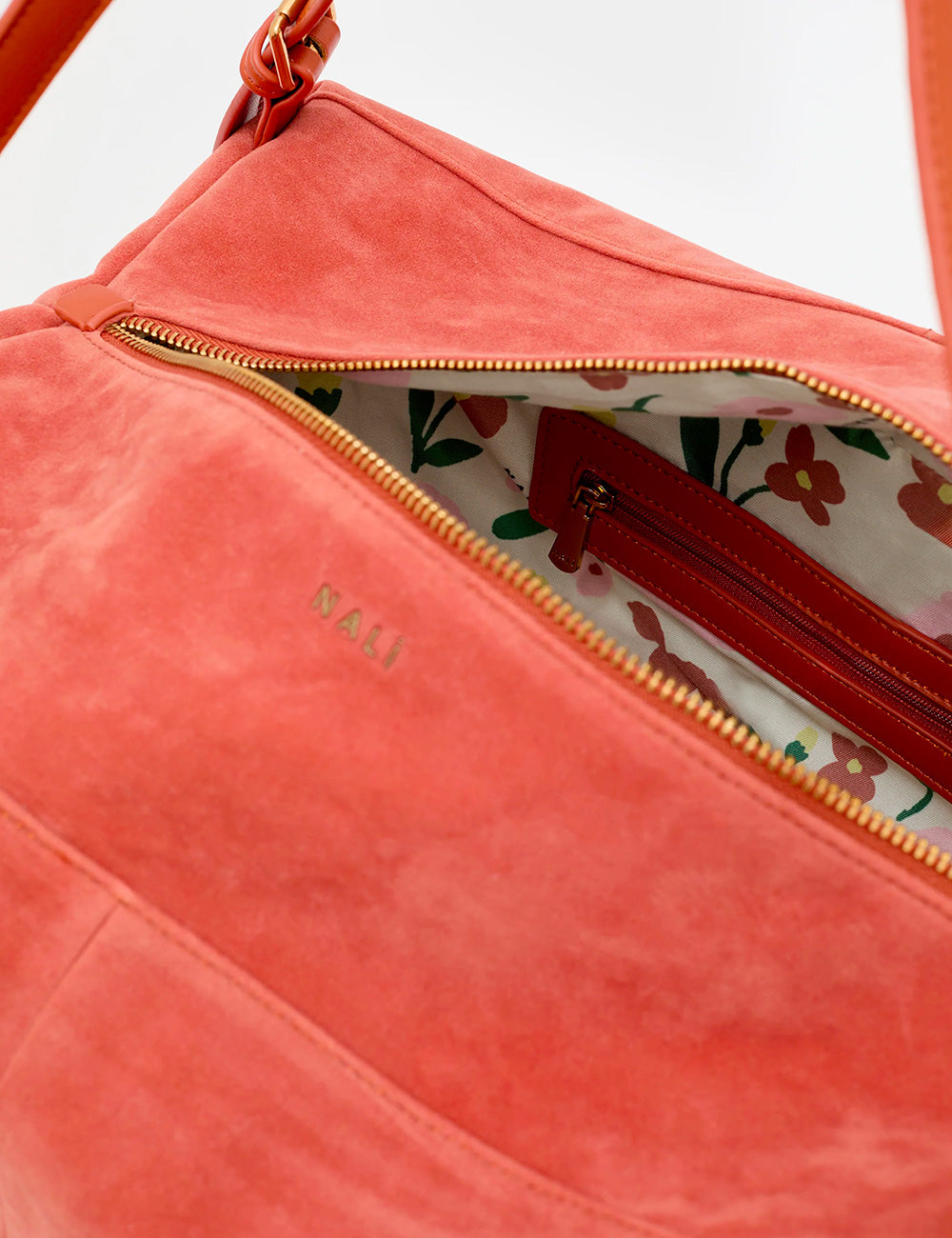 Borsa Nalì A Spalla June Ruggine in suede corallo con interno floreale e zip oro