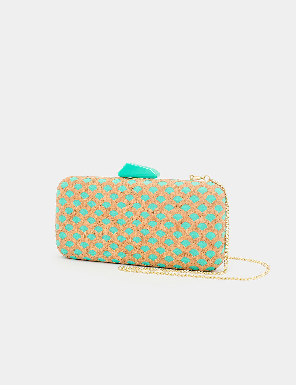 Clutch Nalì Nadia Verde in sughero turchese con chiusura geometrica e catena oro
