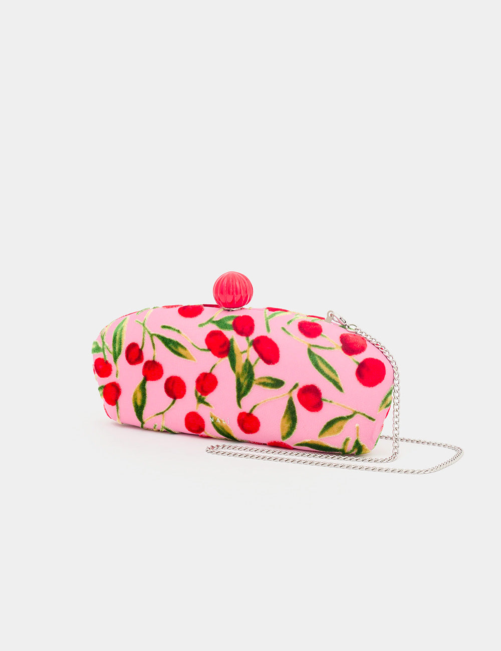 Nalì Clutch Margot Rosa: borsa clutch rosa velluto con ciliegia rossa e catena argento