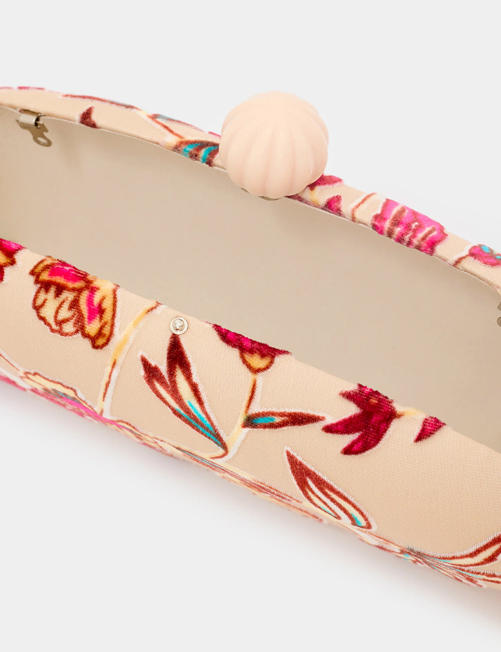 Clutch Nalì Margot Crema in velluto beige con floreale rosa, rosso, teal e fermaglio pesca conchiglia