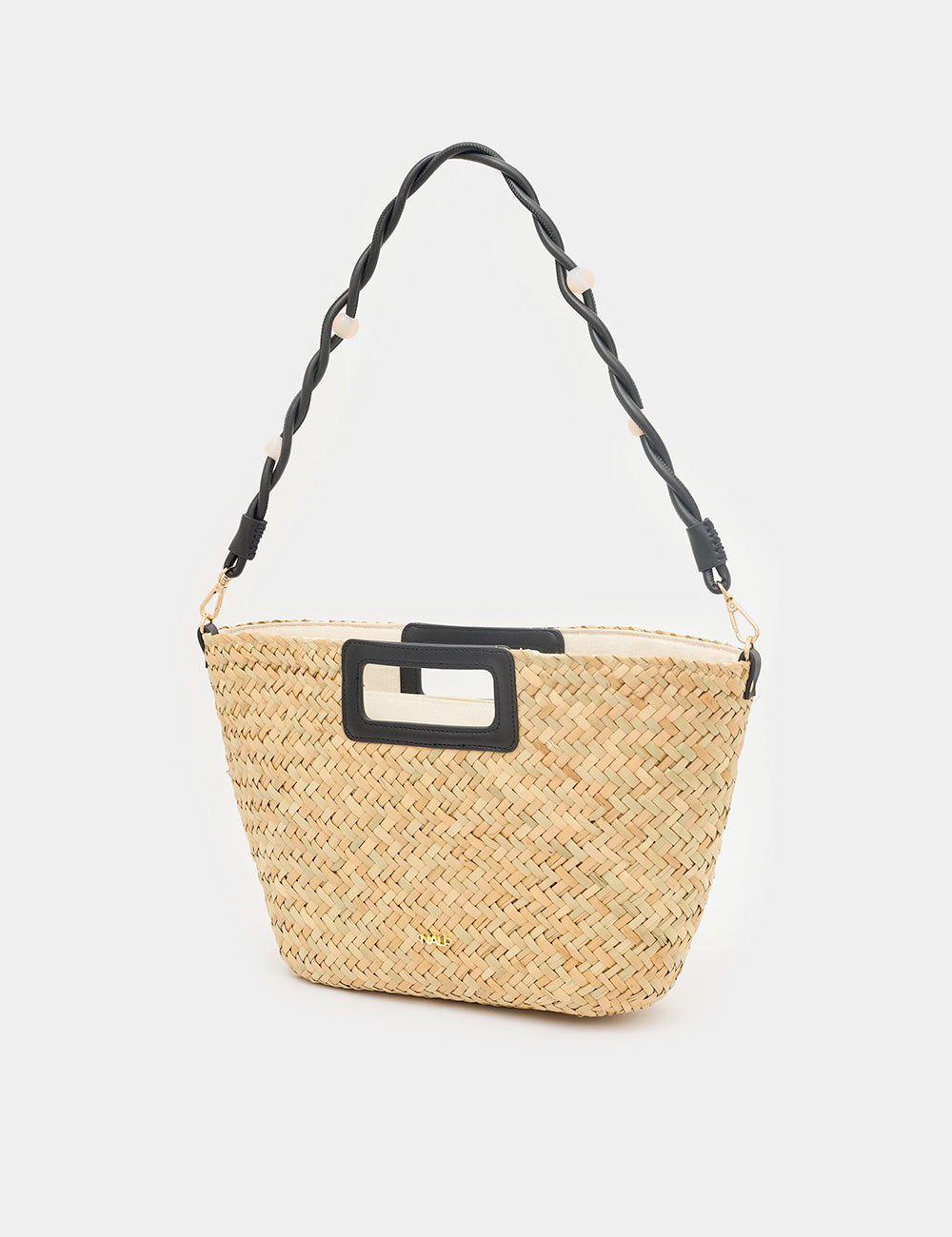 Borsa bucket Nalì A Mano Olivia Paglia in paglia beige con tracolla nera intrecciata e manico rettangolare nero