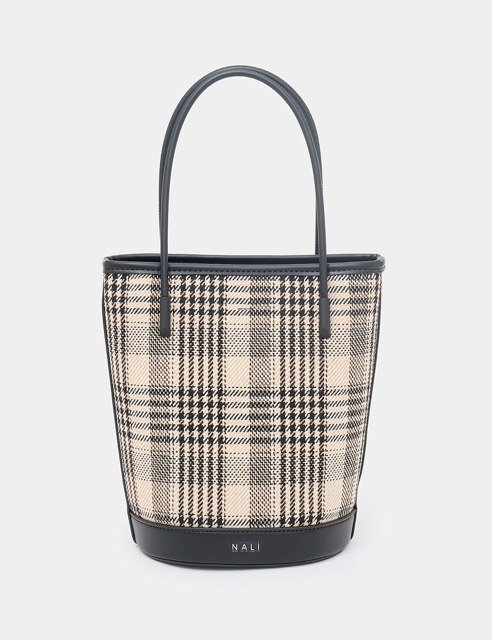 Borsa secchiello Nalì Kasia Nero in beige e nero plaid con manici in pelle nera
