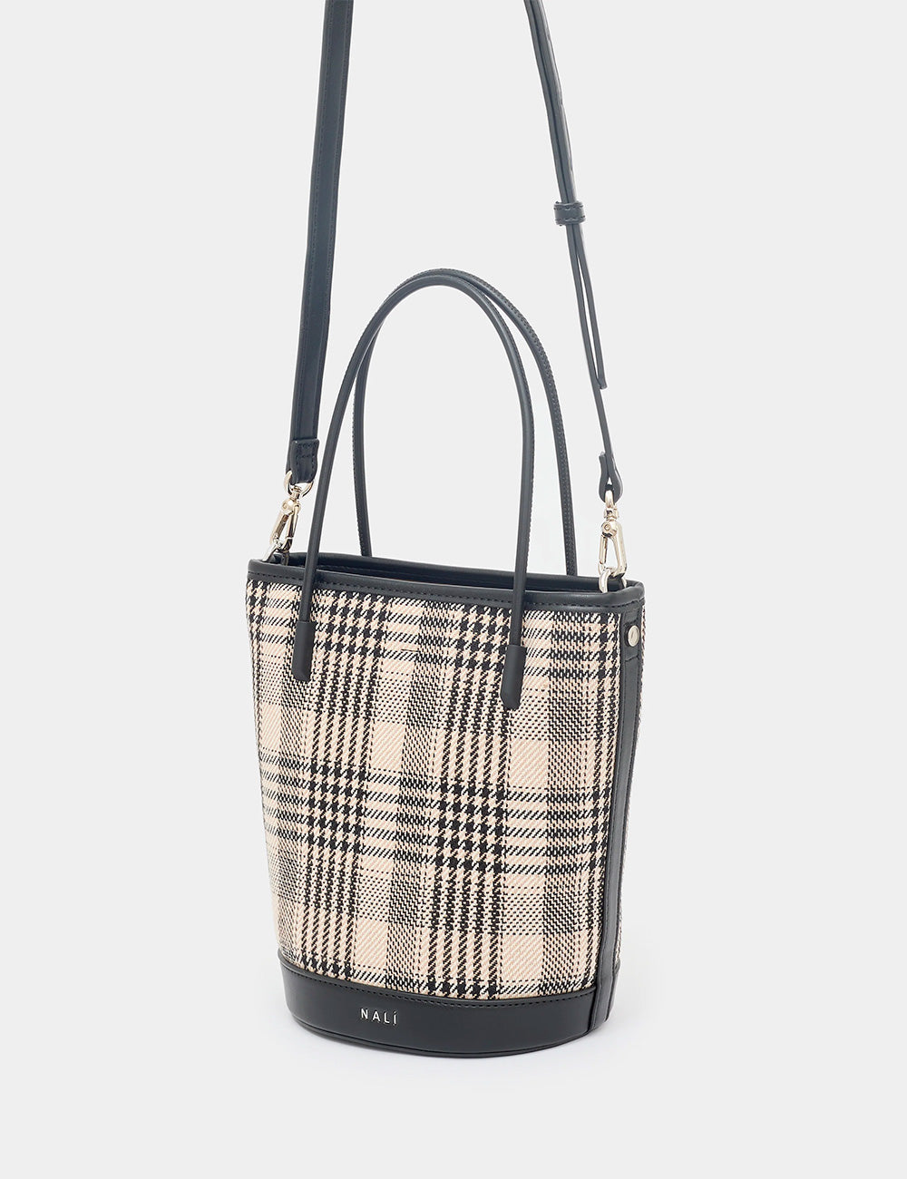 Borsa secchiello Kasia Nero nero in plaid nero e beige con pelle nera