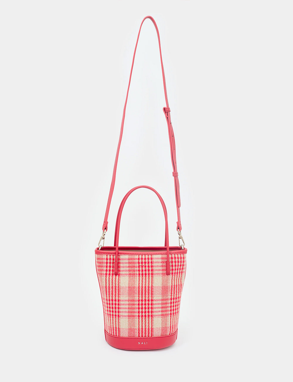 Borsa secchiello Nalì Kasia Rosso rosa e crema plaid con base rossa
