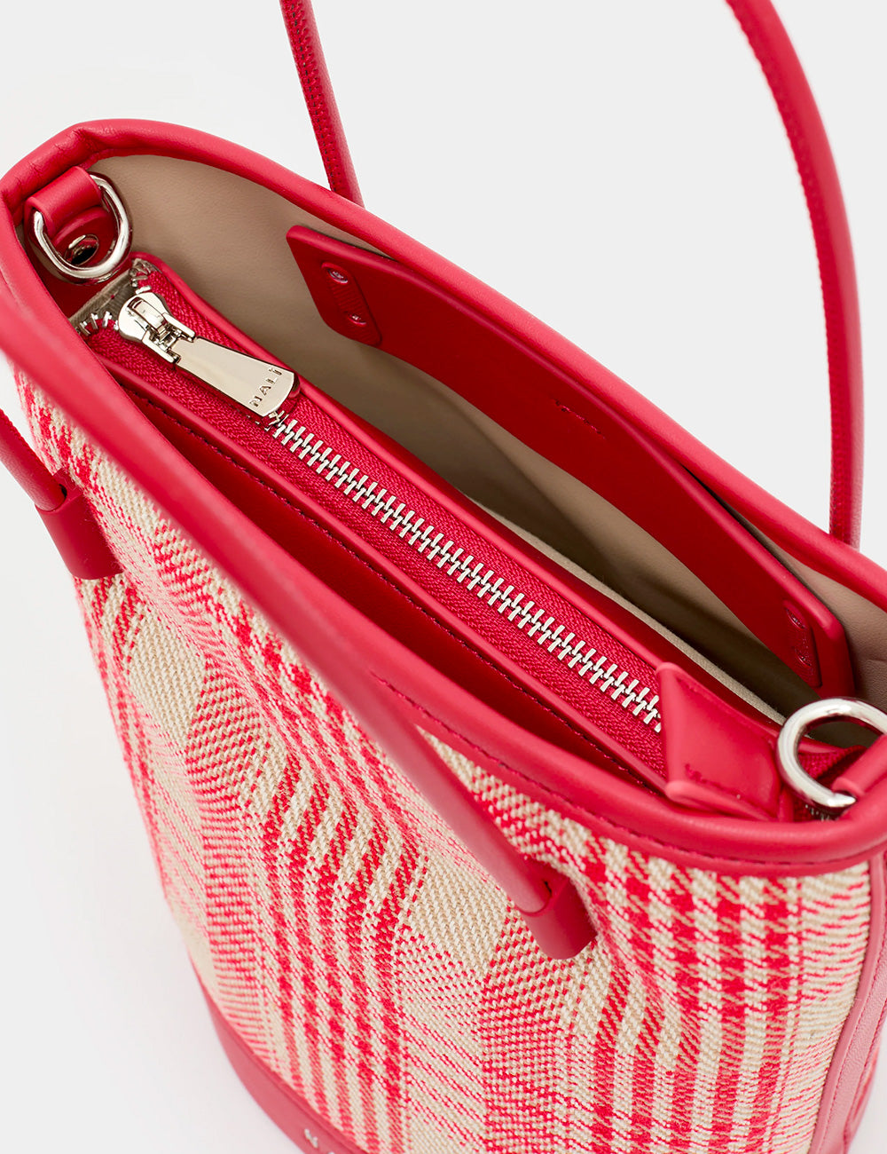 Borsa tote Nalì Secchiello Kasia Rosso in tessuto rosso a quadri con manici e bordi in pelle