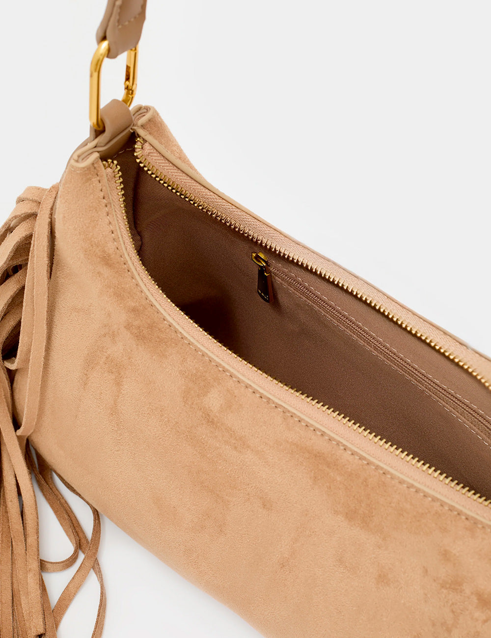 Borsa Nociola a spalla Nalì Dallas in suede beige con frange e hardware oro